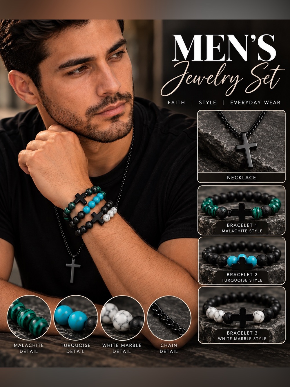 Men's Black Cross Necklace & Bead Bracelet Set - Turquoise, Green, White